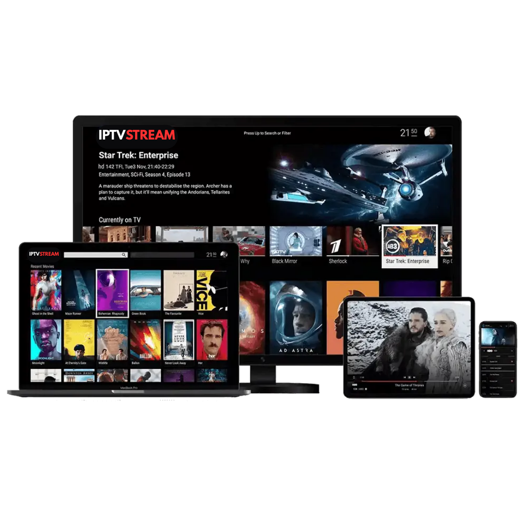 IPTV Stream service interface across multiple South African devices - laptop, desktop, tablet, and mobile showing streaming content